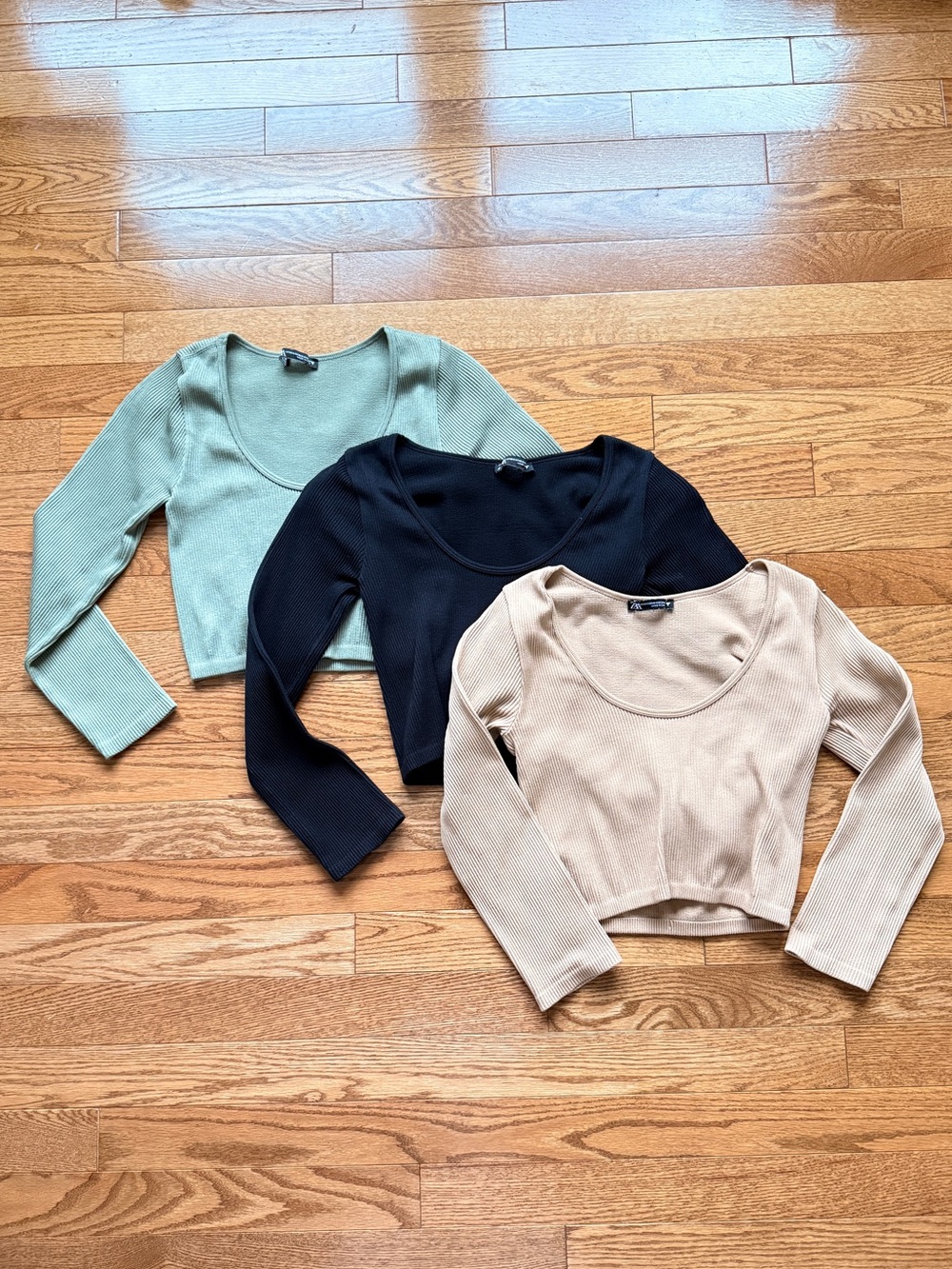 Zara Ribbed Scoop Neck Long-Sleeve Crop Top - Black, Sage & Beige - 3 pack